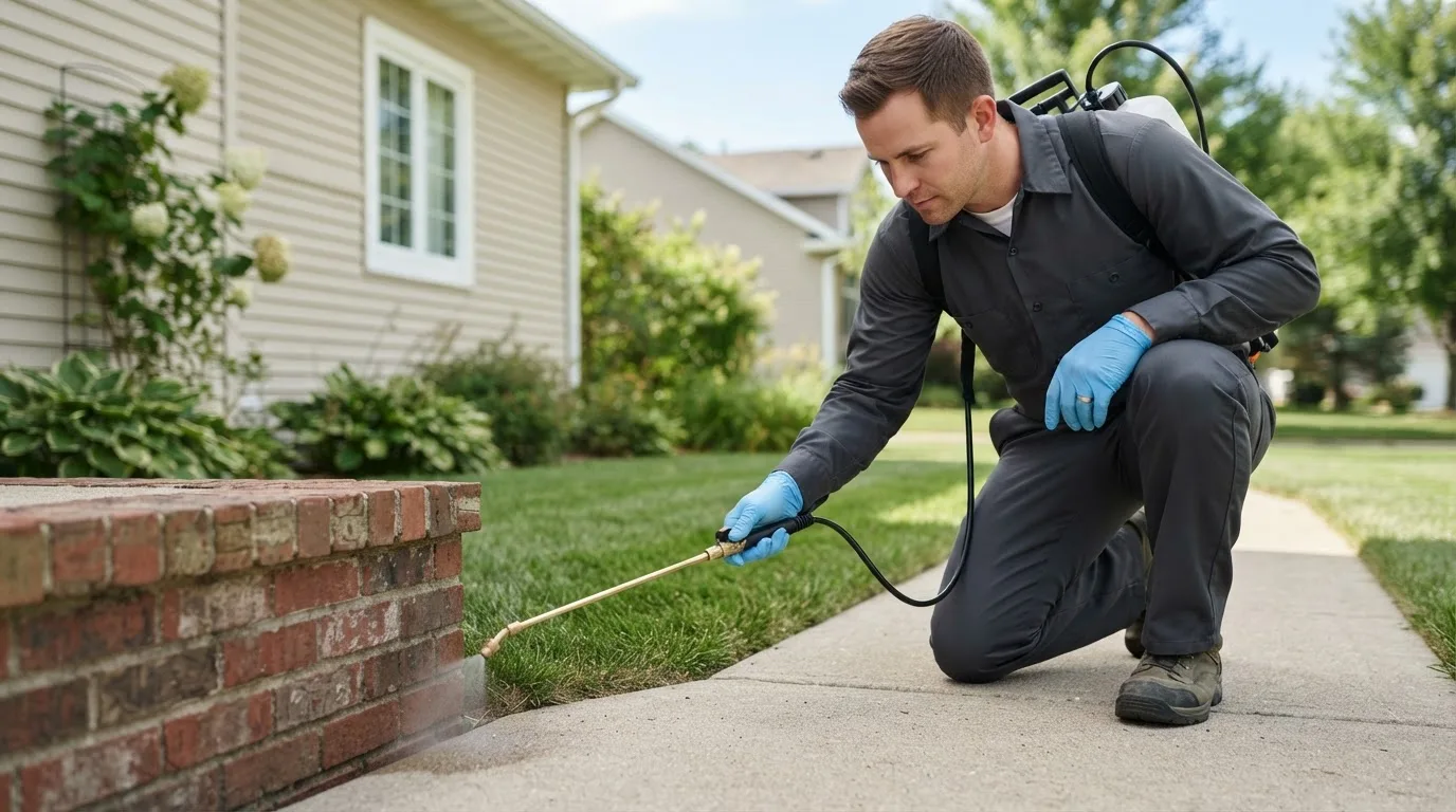 Pest control technician treating a home near Hendley, NE