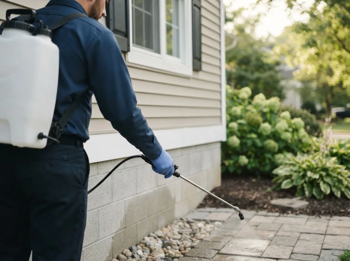 Pest control technician inspecting a home in Hendley, NE
